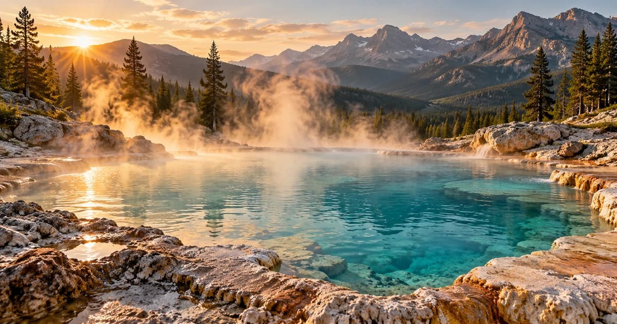 AI-generated illustration of a steaming turquoise hot spring with rocky edges, pine forest and western mountains at sunrise