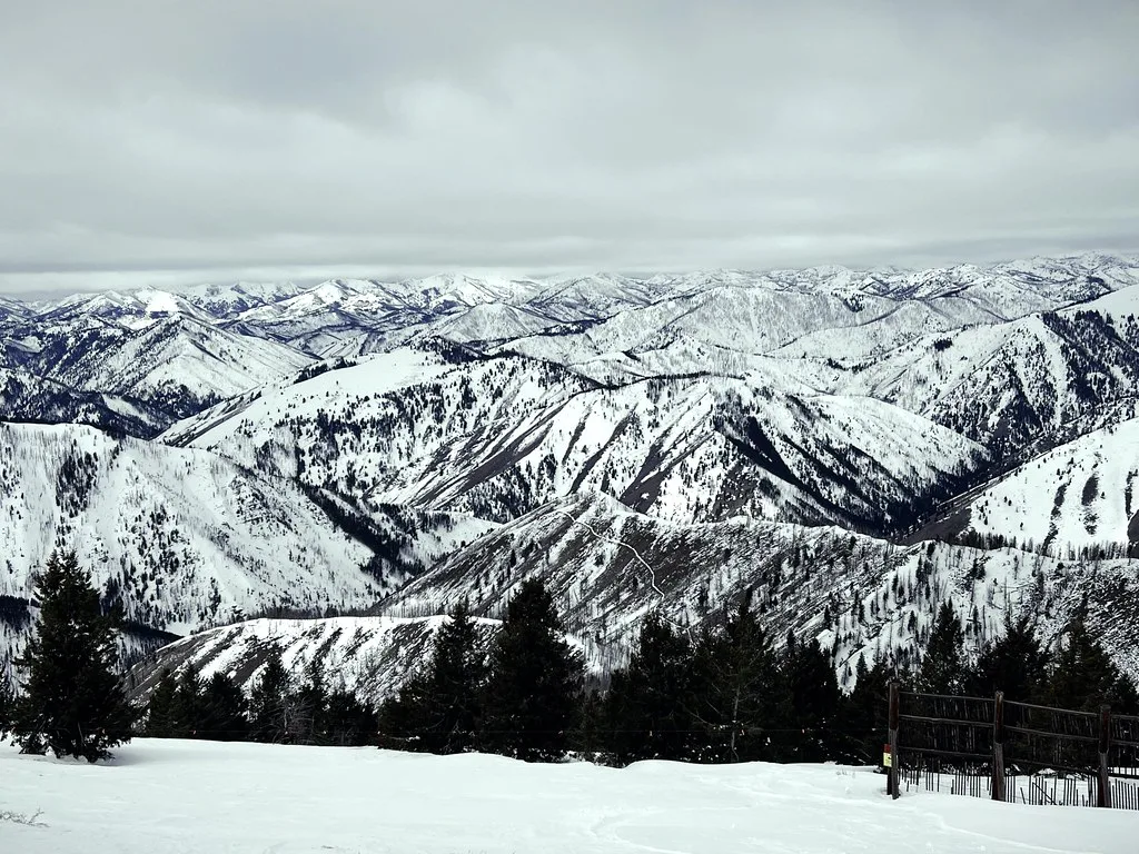 Snow-covered mountains near Sun Valley, about 18 km from Easley Hot Springs, Idaho