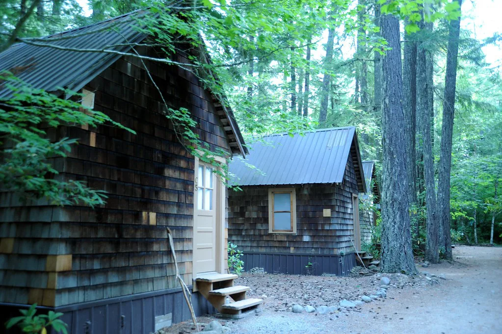 Cabins and forest path at Breitenbush Hot Springs, Oregon
